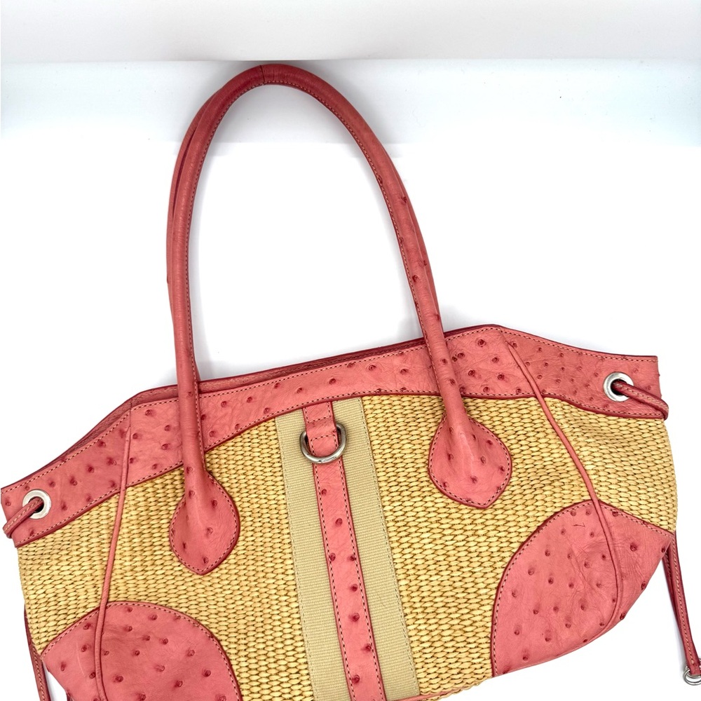Prada RARE Pink Ostrich Leather and Raffia Straw Tote Shoulder Bag